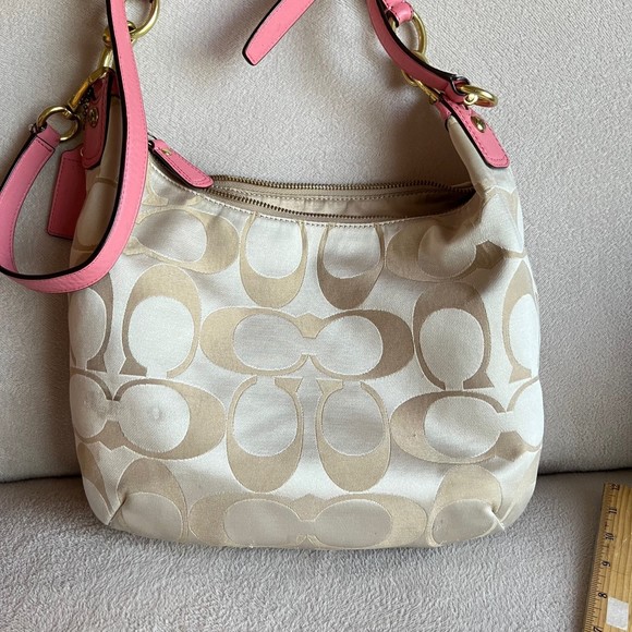 COACH Kristin Signature Large Hobo Tan Jacquard Pink Leather 2 Way Bag - Picture 2 of 11